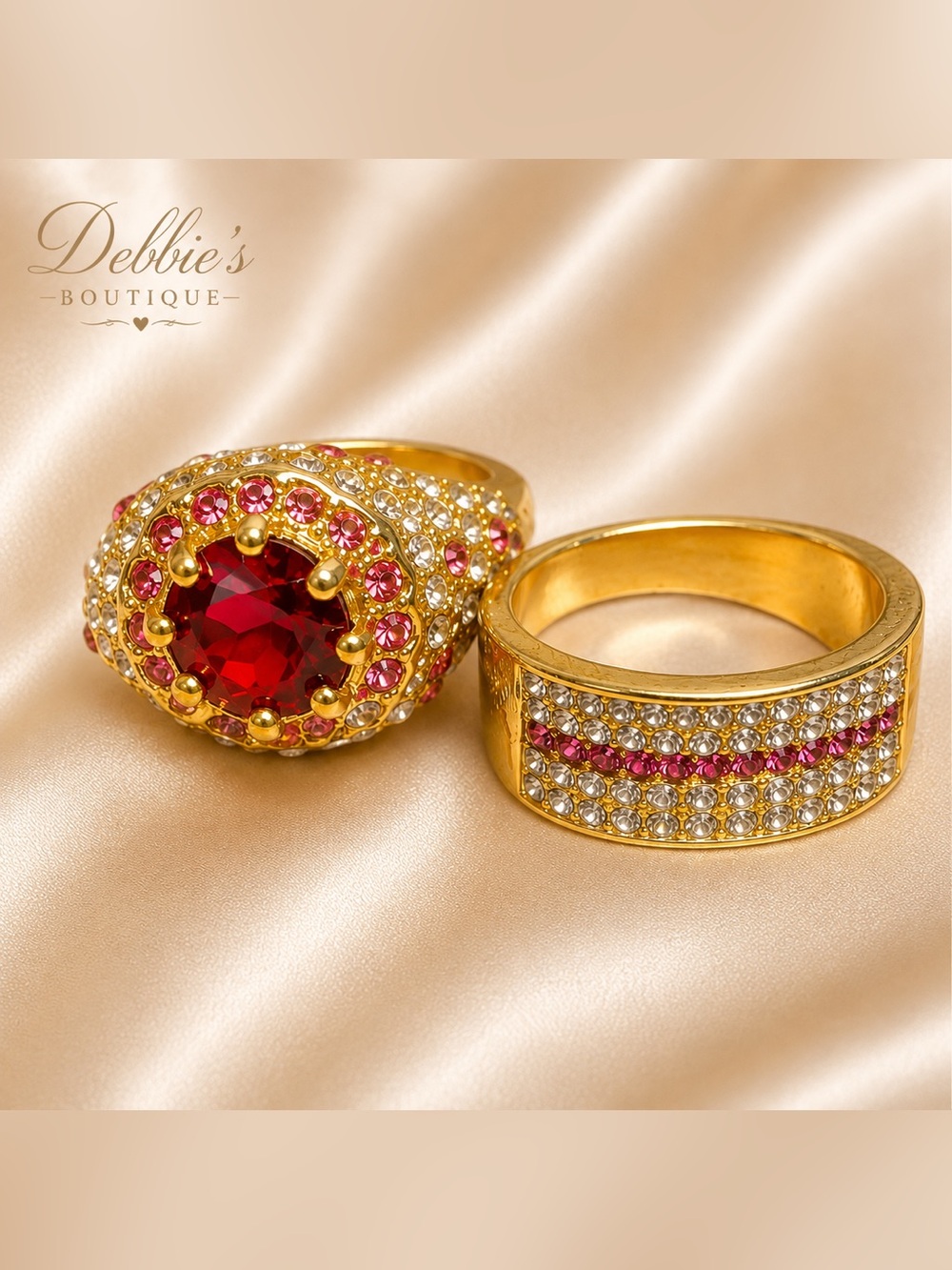 NWT Gold Tone 2 Ring Set Red Crystal Rhinestone Size 7 & 8 Multiple